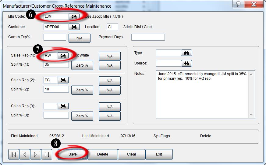 Mfg-Cust Cross Ref screen