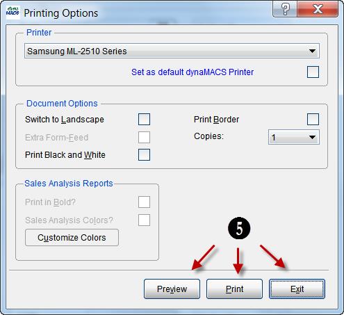 Printing Options Screen